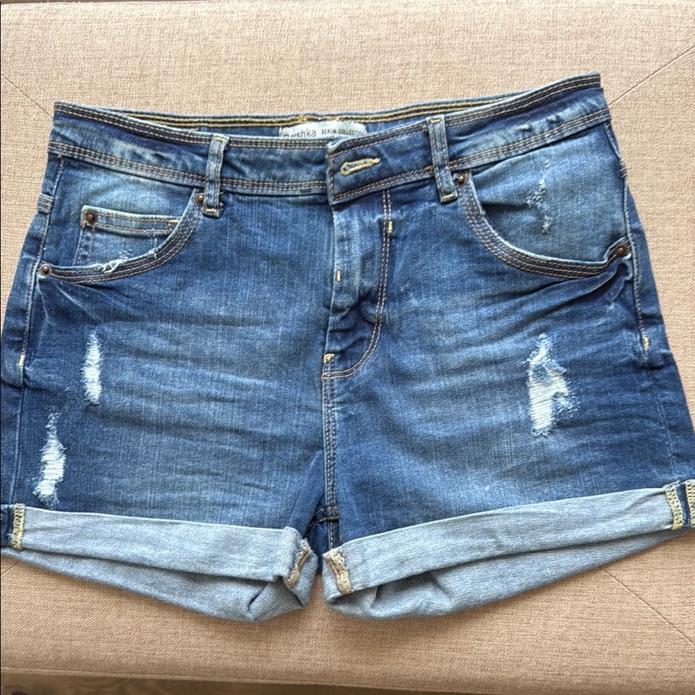 Bershka Blue Jean Shorts Distressed Cuffed